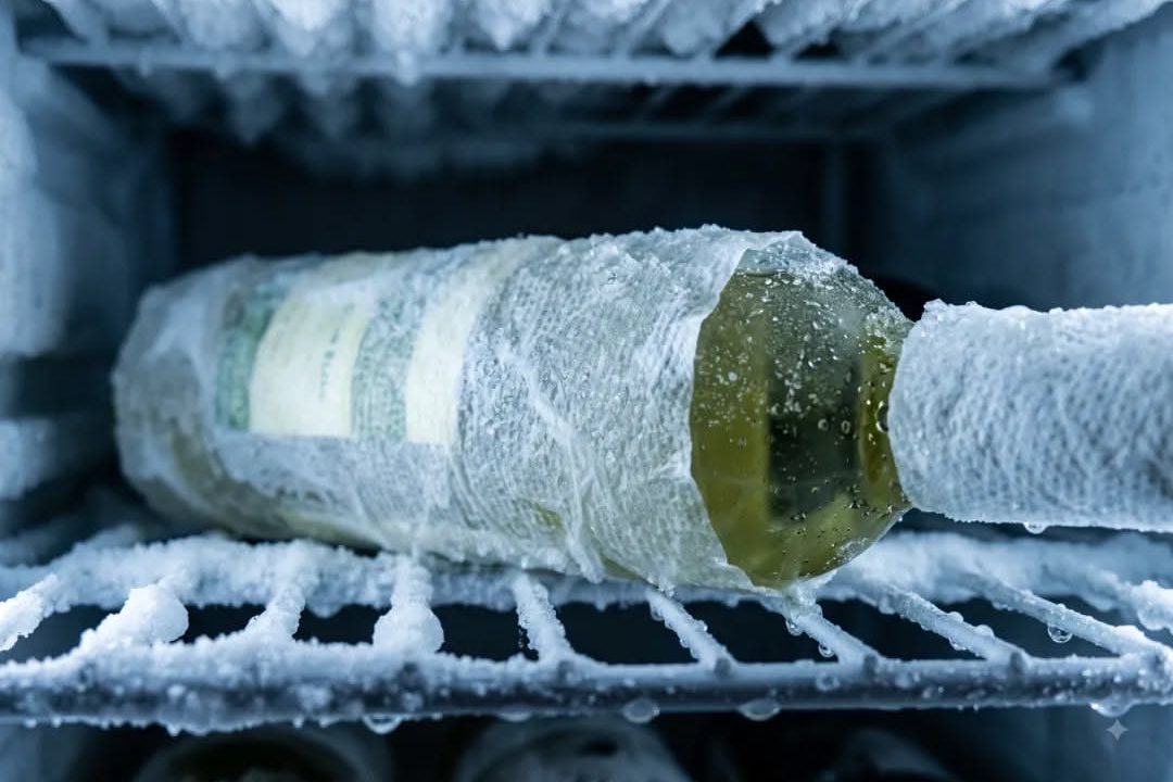 Bouteille de vin givrée dans un congélateur
