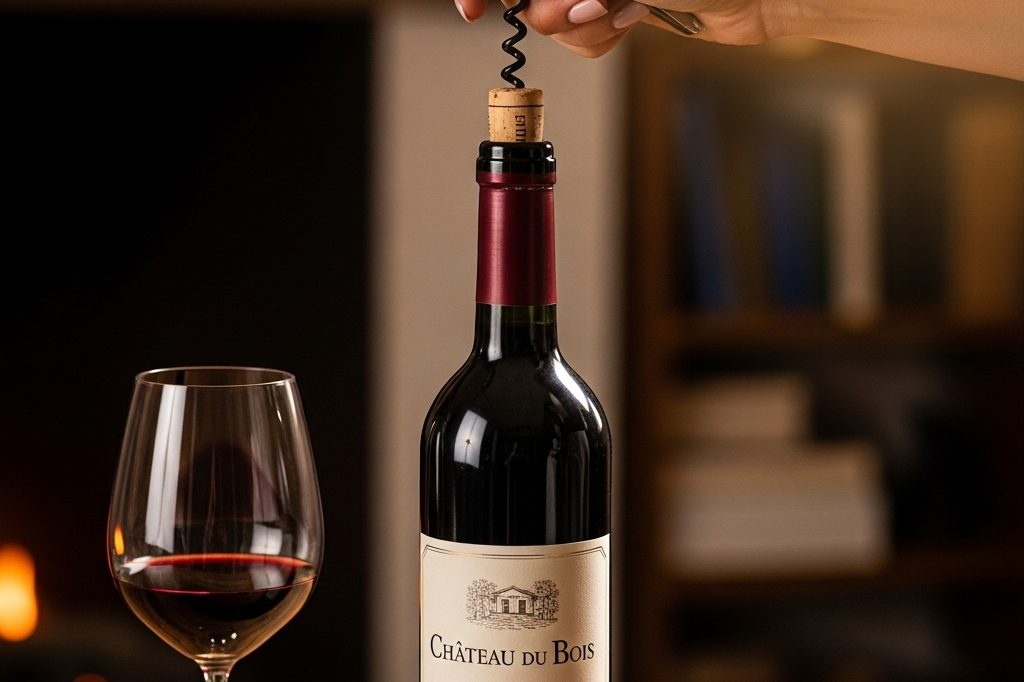 Bouteille de vin rouge débouchée avec un tire-bouchon et un verre